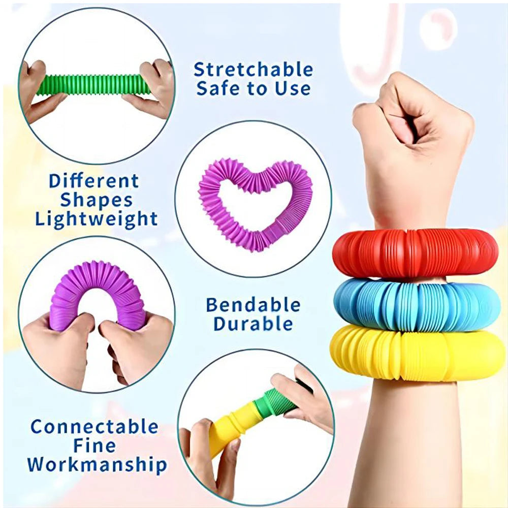 Rainbow Pop Tubes Fidget Toy Set | Stretch & Connect Sensory Tubes for Kids