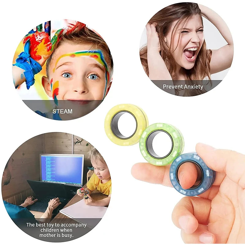 Magnetic Fidget Rings 3-Pack | Spinner Ring Stress Relief Toy for Adults & Kids