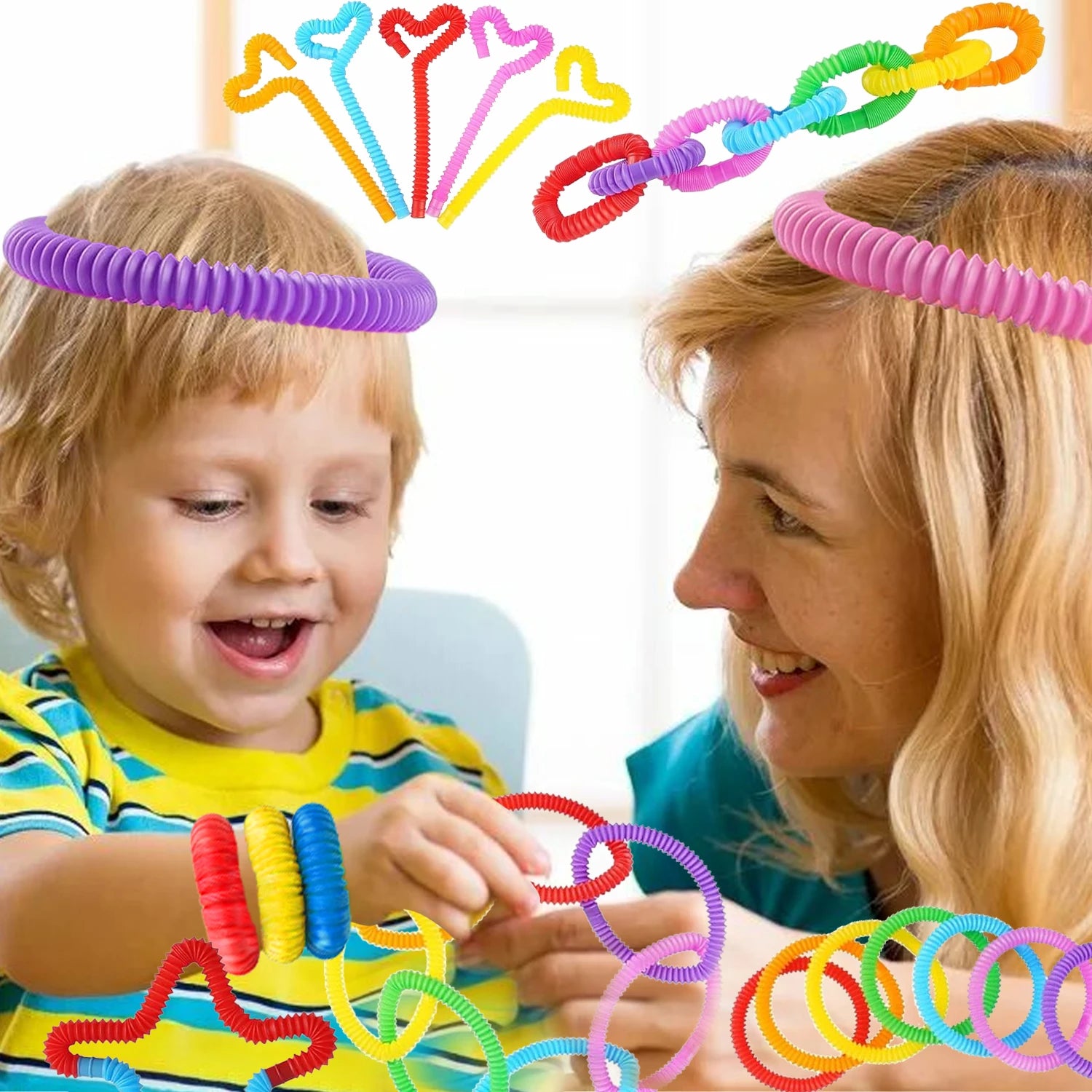 Rainbow Pop Tubes Fidget Toy Set | Stretch & Connect Sensory Tubes for Kids